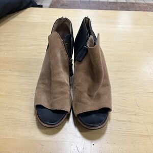 Sorel Shoes Womens Size 9.5 Brown Black Peep Toe Suede Leather Heel Booties